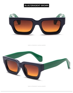 Detail view of blue rectangular frame with green temples and gradient brown lenses