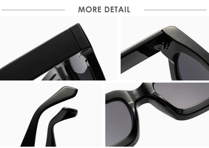 Detail view of glossy black square sunglasses hinges and nose pads on a white background