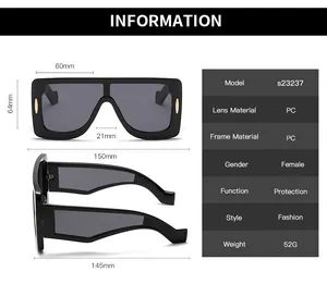Size chart showing frame dimensions and PC material specs for model S23237 oversized sunglasses
