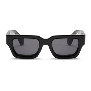 Retro thick rectangular sunglasses with black glossy frames and dark grey lenses for women