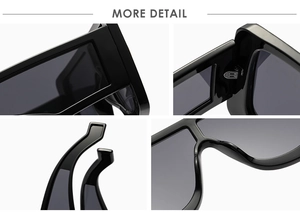 Close-up of black square sunglasses showing metal hinges and thick frame details