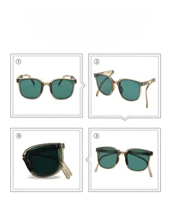 Four-step sequence showing amber folding sunglasses collapsing into a compact size