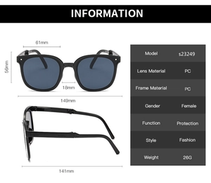 Detailed size chart of foldable black sunglasses showing frame dimensions and specifications