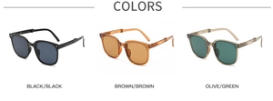 Three pairs of foldable sunglasses in black, brown, and olive green with metal hinges