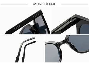 Close-up of durable metal hinges and ergonomic nose pads on black foldable sunglasses