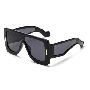 Chic oversized square black frame sunglasses with wide temples and golden rivet accents