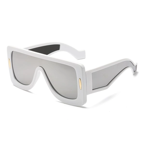 Oversized white square sunglasses with gold metal accents and geometric hollow temples