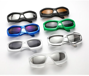 Multiple color options for Y2K style wrap-around sports sunglasses with mirrored lenses