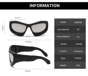Detailed size chart for Y2K oversized sunglasses with 154mm frame width and 130mm temple