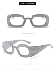 Detailansicht der grau-transparenten Sonnenbrille mit einzigartigem Wellenrahmen