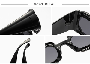 Detailansicht der gewellten Ränder, Metallscharniere und Nasenpads der schwarzen Sonnenbrille