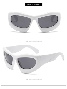 Front and side views of thick white Y2K sports sunglasses with dark grey lenses