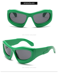 Detail of chunky Y2K bright green frames with dark lenses from front and side angles
