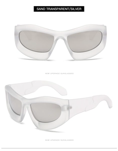 Detail view of sand transparent Y2K thick frame sunglasses with silver mirror lenses