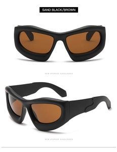 Front and profile view of Y2K futuristic matte black sunglasses with brown lenses