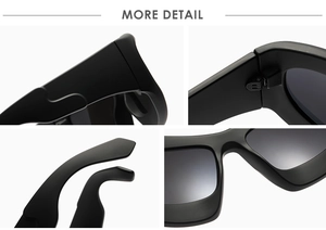 Detail shots of matte black square sunglasses showing metal hinges and sturdy frame