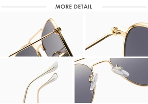 Détails des charnières en métal doré et des plaquettes de nez pour lunettes de soleil carrées