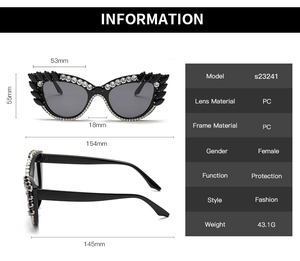 Detailed size specifications for cat eye sunglasses with rhinestones and floral accents