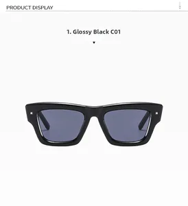 Front detail of bright black square sunglasses with silver stud accents and dark gray lens