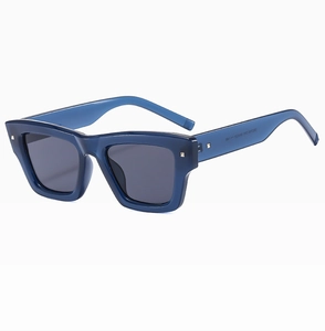 Detail of blue square sunglasses showing the model number and inner temple specifications