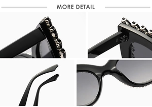 Detail view of rhinestone cat-eye sunglasses featuring bold temples and metal hinges