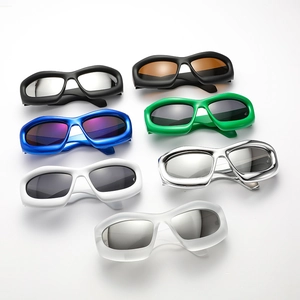 Futuristic Y2K thick frame sunglasses collection in seven colors on white background