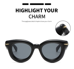 Detail of retro thick frame sunglasses showing golden metal accents and hinge craft
