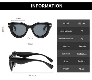 Detailed size specifications for oval thick-frame cat-eye sunglasses with UV protection