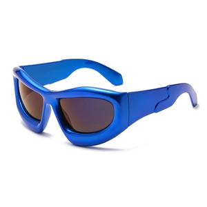 Y2K sporty thick frame sunglasses with blue futuristic wrap around style for outdoor