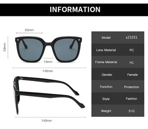 Guide des dimensions pour lunettes de soleil carrées surdimensionnées en PC avec charnières