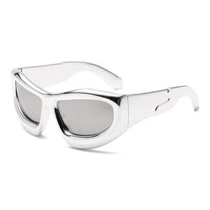 Futuristic silver metallic thick frame Y2K sunglasses with sleek streamlined design