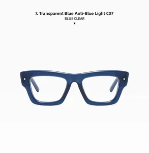 Detailed macro view of square blue frame glasses with silver rivets and anti-blue lenses