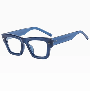 Detailed close-up of blue square frames showing metal rivets and side temple size specs