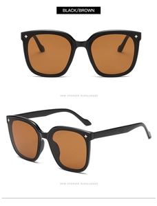 Détail de lunettes de soleil carrées avec rivets en étoile et monture noire brillante