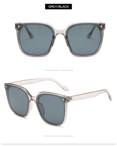 Détail de lunettes de soleil carrées grises avec charnière en métal étoile et verres