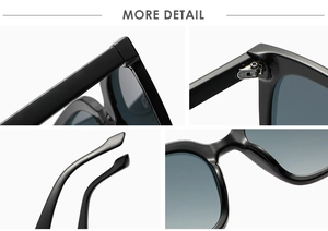 Détail de lunettes de soleil carrées avec charnières métalliques et monture brillante