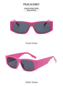 Peach pink thick frame oval sunglasses with grey lenses shown in front and side views