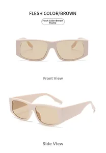 Front and side view of beige rectangular sunglasses with brown lenses and wide temples