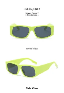 Detail view of rectangular neon green sunglasses with gray lenses from front and side angles