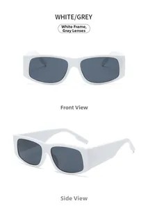 Front and side view of retro white square frame sunglasses with dark grey lenses