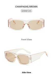 Front and side view of champagne oval sunglasses with brown lenses and wide frames