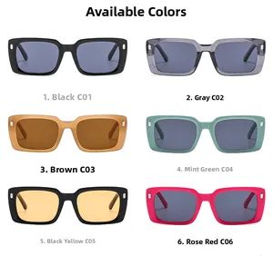Rasteransicht quadratischer Sonnenbrillen in Schwarz, Grau, Braun, Mintgrün und Rosenrot