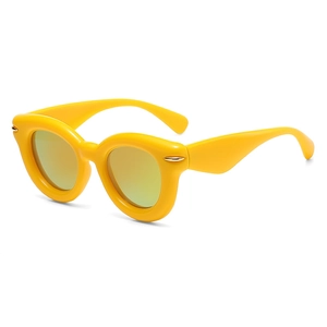 Retro thick-frame oval sunglasses with bold yellow finish and dark tinted lenses
