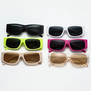 Retro rectangular sunglasses set in various colors featuring thick frames and Y2K aesthetic