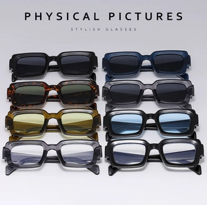 Multiple stylish square frame sunglasses and clear lenses in various colors and finishes