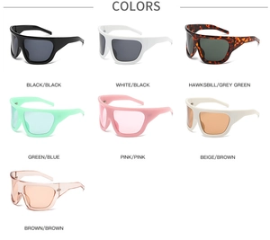 Macro display of seven colorful oversized retro sunglasses in a neat matrix layout