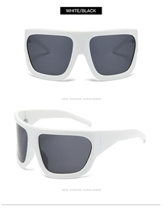 Detailed front and 45-degree angle views of oversized white square sunglasses with dark lenses