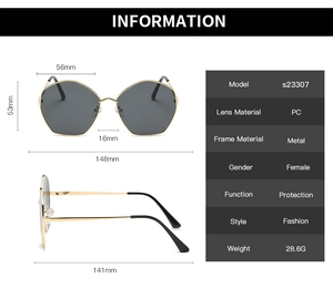 Detailed size chart of polygon metal sunglasses with PC lenses and dimensions