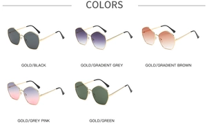 Collection of octagonal sunglasses with thin gold metal frames in five lens colors