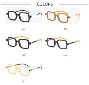 Vue détaillée en grille présentant des lunettes carrées rétro en cinq couleurs variées
